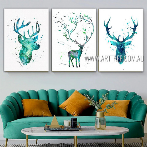 Long Horned Deer Abstract Animal Nordic Heavy Texture Artist Handmade Framed Stretched 3 Piece Multi Panel Canvas Oil Painting Wall Art Set For Room Décor