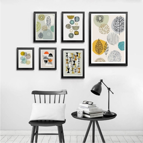 Semi Orb Foliage Circles Geometric 6 Multi Piece Set Photograph Scandinavian Abstract Canvas Print for Room Wall Art Moulding