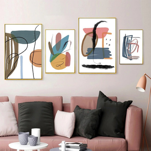 Bold Stria Blobs Geometric Wall Pic Modern Canvas Print 4 Panel Sets Abstract For Room Onlay
