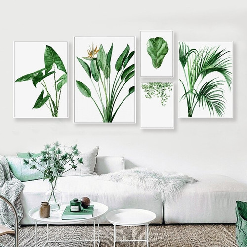 Green Alocasia Leaf Modern Botanical 5 Multi Piece Wall Art Set Abstract Photograph Canvas Print for Room Getup