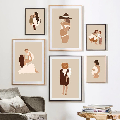 Pregnant Motherhood Baby Abstract Photograph Figure Scandinavian 6 Piece Set Canvas Print for Room Wall Art Embellishment 