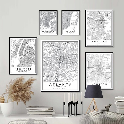 Philadelphia Atlanta Maps Abstract Typography Modern 6 Panel Art Set Pic Canvas Print for Room Wall Embellishment