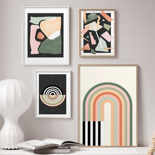 Chromatic Convoluted Strokes Spots Abstract Geometrical Photograph Vintage 4 Piece Set Canvas Print for Room Wall Art Decoration