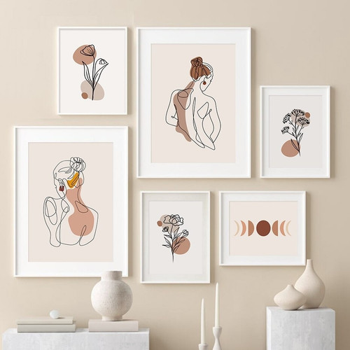 Nude Feme Back Figure Flowers Scandinavian 6 Multi Panel Abstract Painting Set Photograph Minimalist Canvas Print for Room Wall Garnish