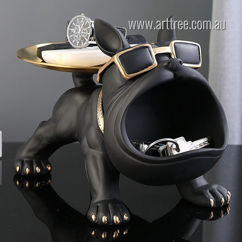 Black Bulldog With Tray Animal Figurine Modern Resin Art Statue For Interior Decoration