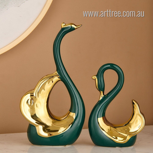 Green Swans Bird Modern Figurine 2 Piece Animal Handmade Nordic Ceramic & Enamel Famous Sculptures For Home Decorators
