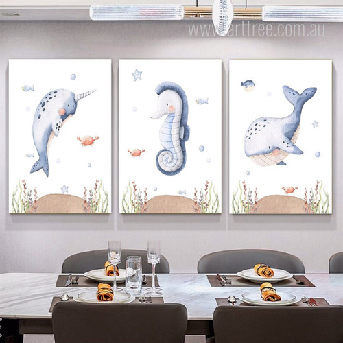 Sea Creatures With Plants Seascape Animal 3 Multi Panel Stretched Painting Set Photograph Nursery Kids Print On Canvas for Wall Hanging Equipment