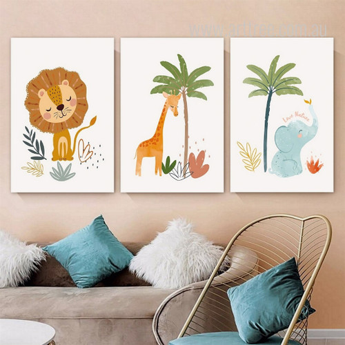 Lion Giraffe And Elephant Cartoon Animal Landscape 3 Panel Set Nursery Stretched Painting Photograph Canvas Print Home Wall Decoration