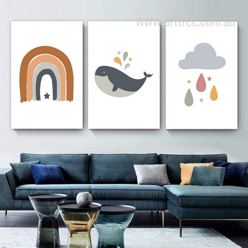 Whale Fish Animated Clouds Nature Photograph Nursery Animal 3 Piece Set Stretched Canvas Print for Room Wall Art Garnish