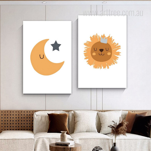 Cute Lion Cartoon Moon Animal 2 Multi Panel Minimalist Painting Set Photograph Nature Kids Nursery Stretched Canvas Print for Room Wall Getup