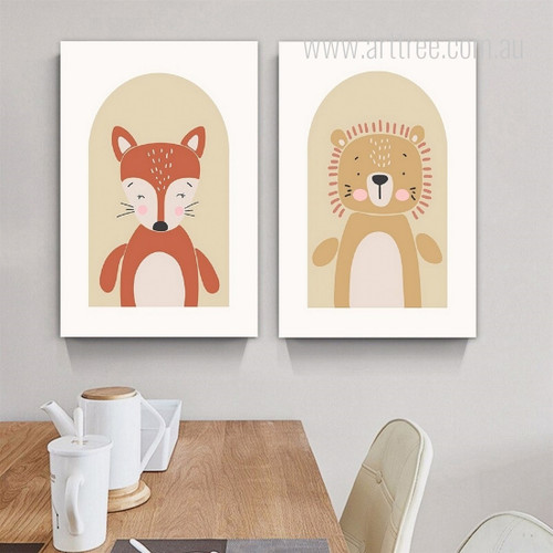 Fox And Lion Cartoon Animal Minimalist 2 Multi Panel Nursery Painting Set Stretched Photograph Canvas Print for Room Wall Adornment