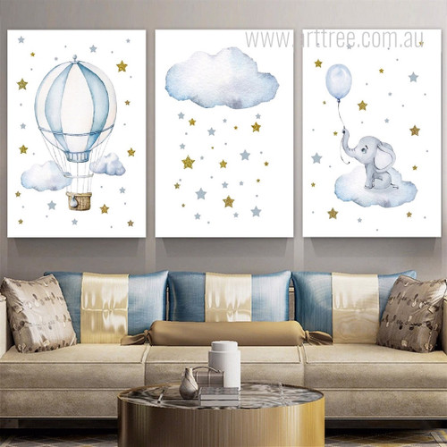 Elephant Flying Balloon Stars Nature 3 Multi Panel Animal Painting Set Photograph Kids Nursery Stretched Canvas Print for Room Wall Getup