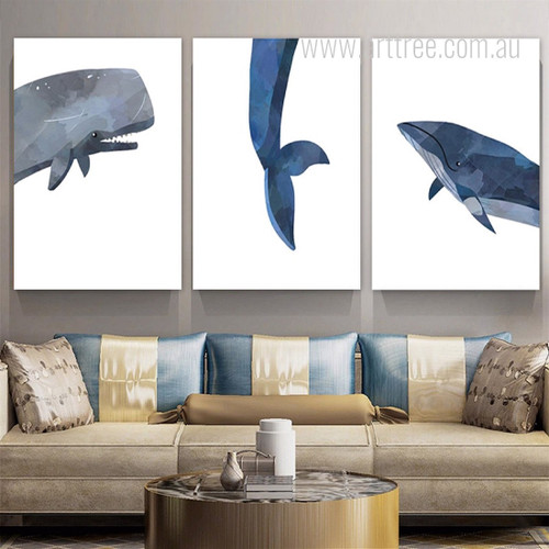 Blue Whale Nursery Animal Photograph Stretched Minimalist 3 Piece Set Canvas Print for Room Wall Art Disposition