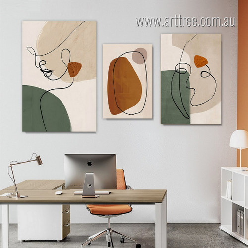 Female Line Art Minimalist Abstract Modern Handmade Painting Picture Framed Stretched 3 Piece Canvas Set Print for Room Decoration