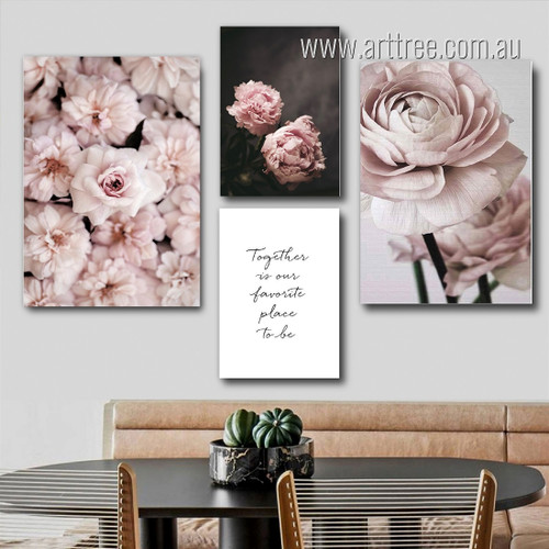 Pink Peonies Flowers Floral Typography Modern Handmade Painting Photo Framed Stretched 4 Piece Wall Decor Set Canvas Print for Room Adornment