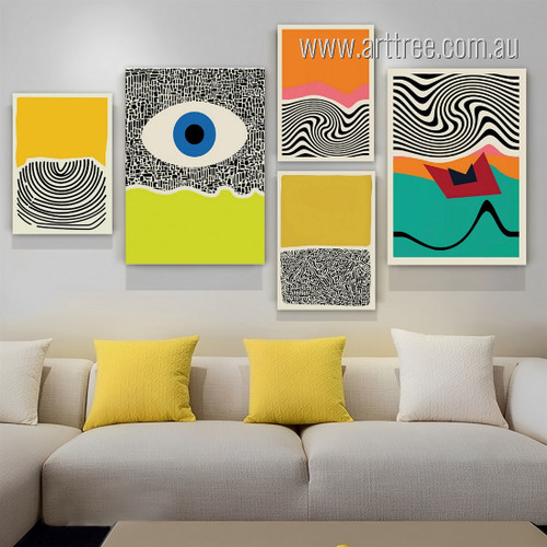 Evil Eye Modern Abstract Geometric Handmade Painting Picture Framed Stretched 5 Piece Canvas Set Print for Room Decoration