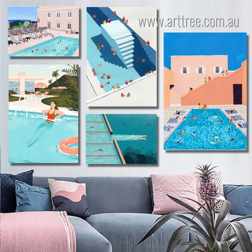 Swimming Pool Party Abstract Architecture Modern Handmade Painting Picture Framed Stretched 5 Piece Canvas Set Print for Room Decoration