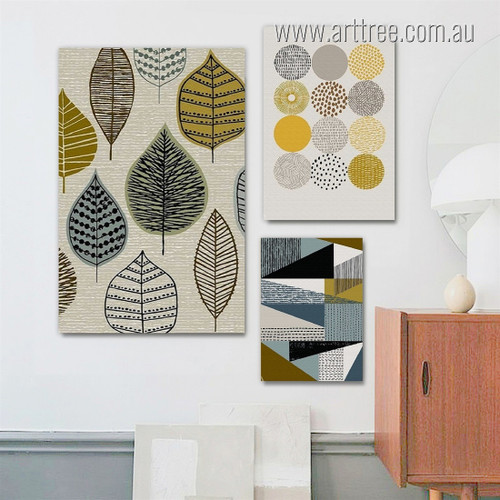 Diverse Leaflets Design Circles Geometric Botanical Photograph 3 Piece Set Abstract Stretched Rolled Canvas Print Artwork for Room Wall Ornamentation