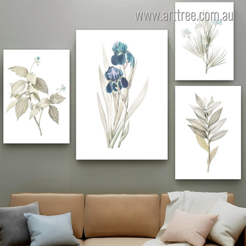 Iris Blossom Leafage Abstract Botanical 4 Piece Photograph Modern Artwork Set Stretched Canvas Print for Room Wall Adornment