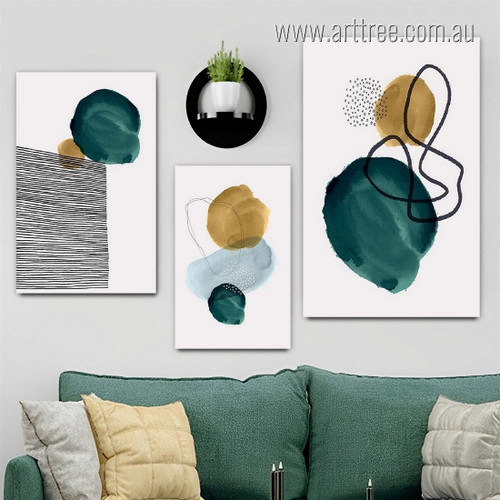 Circular Flaws Strias Dots Watercolor Abstract Photograph Geometrical Rolled Stretched 3 Piece Set Canvas Print Art for Room Wall Adornment