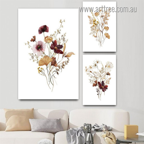 Wild Floret Leaflets Scandinavian Minimalist Rolled Stretched Floral 3 Multi Panel Wall Hanging Set Art Image Abstract Canvas Print for Room Moulding