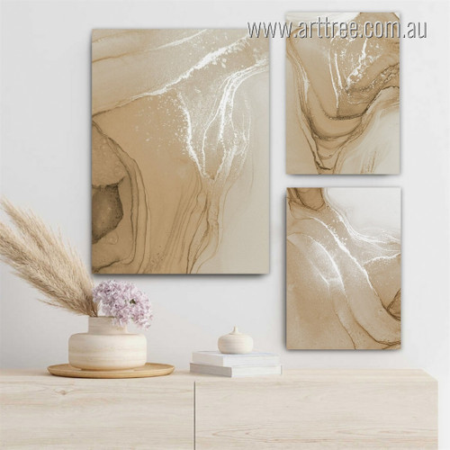 Circuitous Splash Marble Abstract Rolled Photograph Boho Style 3 Piece Set Stretched Canvas Print for Living Room Wall Art Drape