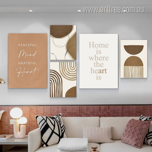 Home Is Where The Heart Is Half Circles Quotes Abstract 5 Multi Panel Hallway Artwork Boho Style Set Stretched Canvas Cheap Photo Prints for Room Wall Garnish