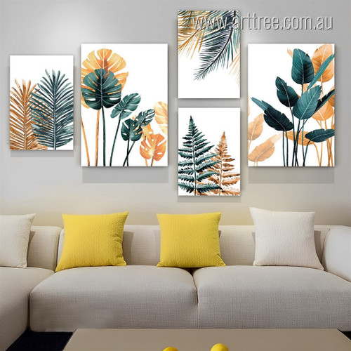 Monstera Tropical Palm Leafage Modern Botanical 5 Multi Panel Pic Rolled Stretched Canvas Print Wall Art Australia for Room Decor