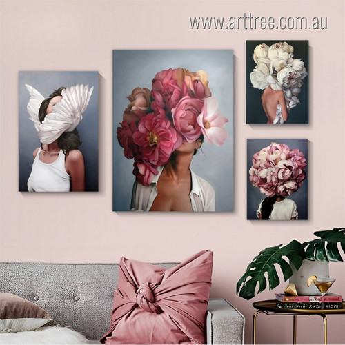 Dame Wings Face Flowers Figure Photograph Floral Stretched 4 Piece Modern Set Canvas Print for Room Wall Artwork Decor