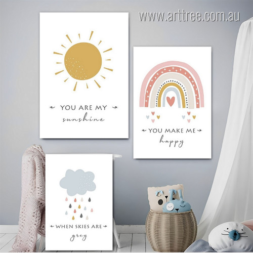 You Make Me Happy Hearts Nature Nursery Photograph 3 Piece Set Quotes Stretched Large Canvas Prints for Room Wall Artwork Garniture