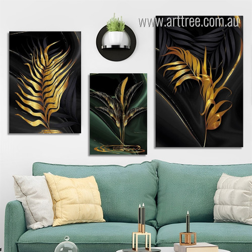 Golden Leaflets Abstract Modern Photograph Botanical 3 Piece Set Rolled Canvas Print for Room Wall Art Bedrooms Finery