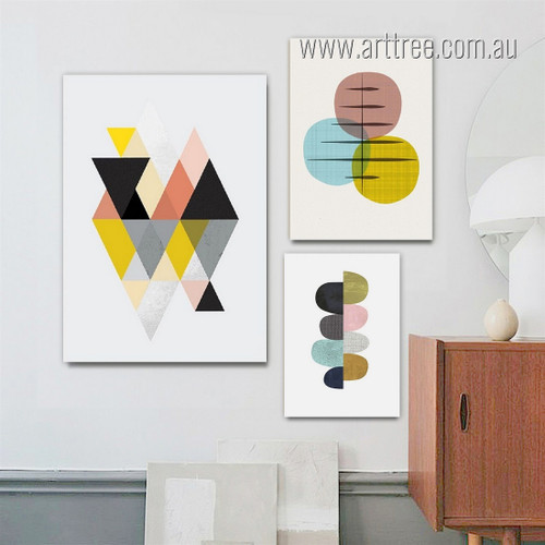 Colorful Geometric Shapes Abstract Scandinavian Nordic Style Painting Image Framed Stretched 3 Panel Canvas Prints Set for Room Garnish