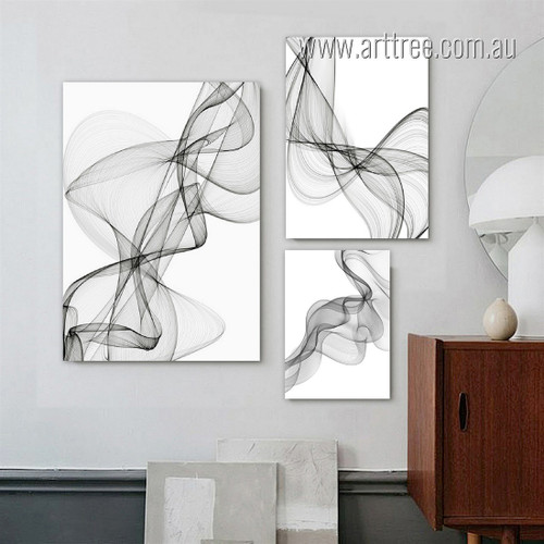 Wavy Lines Abstract Modern Painting Picture Framed Stretched 3 Piece Canvas Set Print for Room Ornament