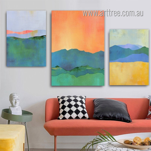 Colorful Mountains Watercolor Abstract Landscape Modern Painting Image Framed Stretched 3 Panel Canvas Prints Set for Room Garniture