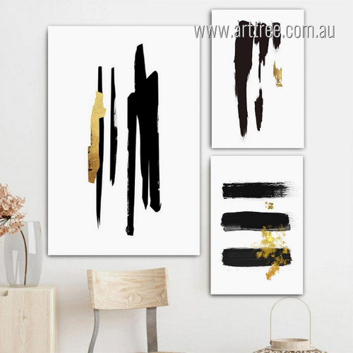 Black Brush Marks Abstract Geometric Modern Painting Photo Framed Stretched 3 Piece Wall Decor Set Canvas Print for Room Adornment