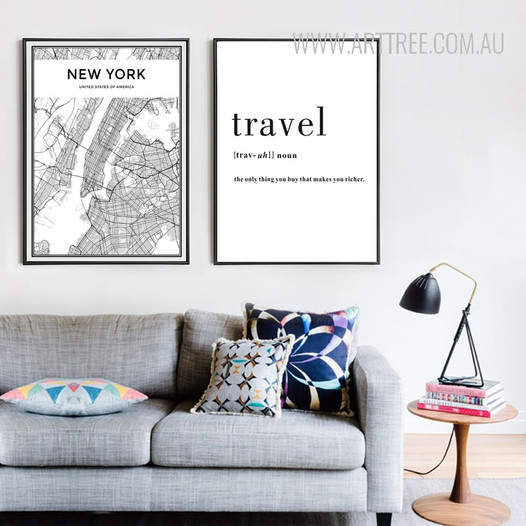 New York City Map Travel Quote Black and White Art