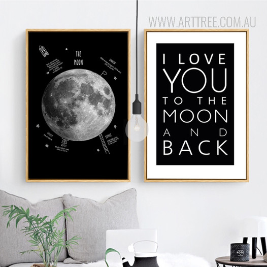 Moon I Love You To The Moon and Back Quote Black and White Canvas Prints