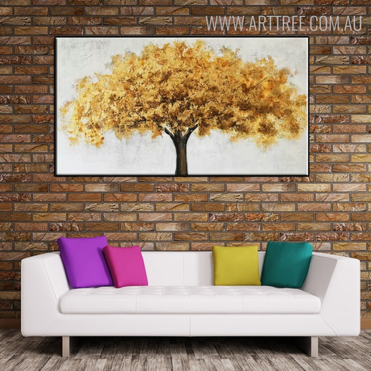Big Golden Tree Floral Abstract Contemporary Framed Oil Painting on Canvas for Room Wall Disposition