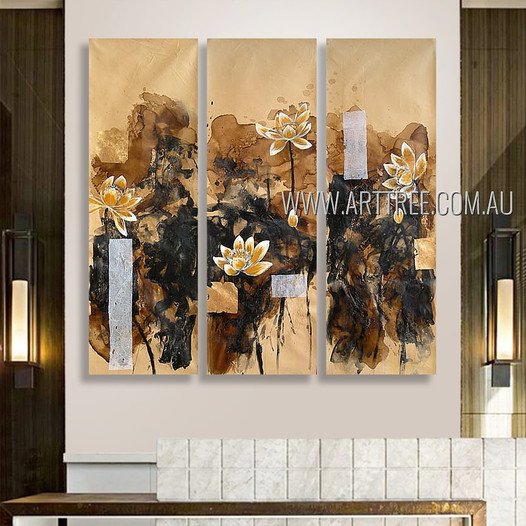 Golden Lotus Floral Abstract Vintage Heavy Texture Artist Handmade 3 Piece Split Canvas Paintings Wall Art Set For Room Finery