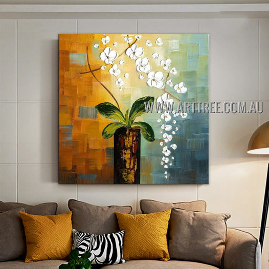 White Flowerpot Floral Modern Floral Artist Handmade Heavy Texture Abstract Art Painting for Room Finery