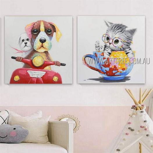 Kitty and Puppy Animal Modern Heavy Texture Artist Handmade Framed 2 Piece Multi Panel Wall Art Paintings For Room Flourish