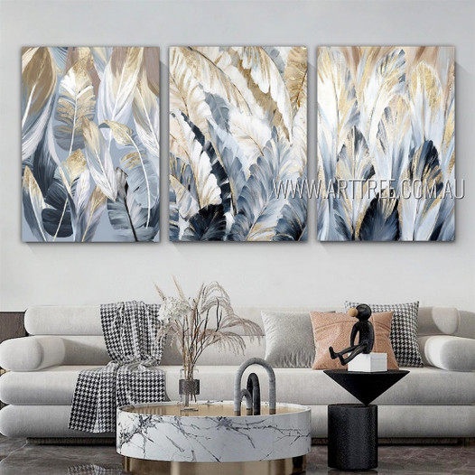 Leaves Abstract Botanical Modern Heavy Texture Artist Handmade Framed 3 Piece Multi Panel Canvas Oil Painting For Room Décor