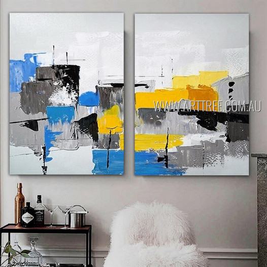 Multicolor Stains Abstract Modern Heavy Texture Palette Knife Artist Handmade Framed Stretched 2 Piece Split Canvas Paintings Wall Art Set For Room Adornment