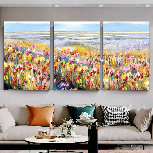 Floral Orchard Landscape Nature Modern Heavy Texture Artist Handmade Framed Stretched 3 Piece Multi Panel Wall Art Paintings For Room Décor