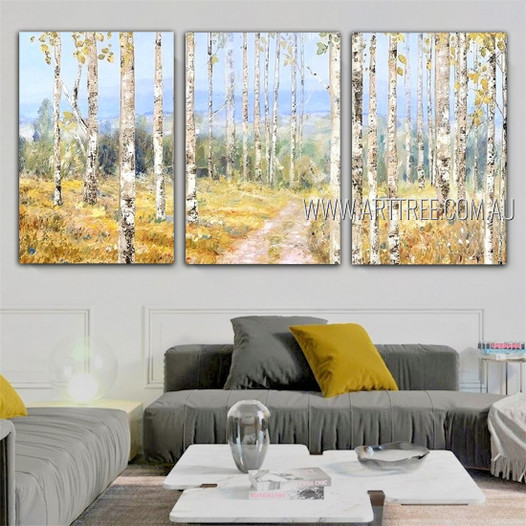 Glade Landscape Nature Modern Heavy Texture Artist Handmade Framed Stretched 3 Piece Split Panel Painting Wall Art Set For Room Ornament