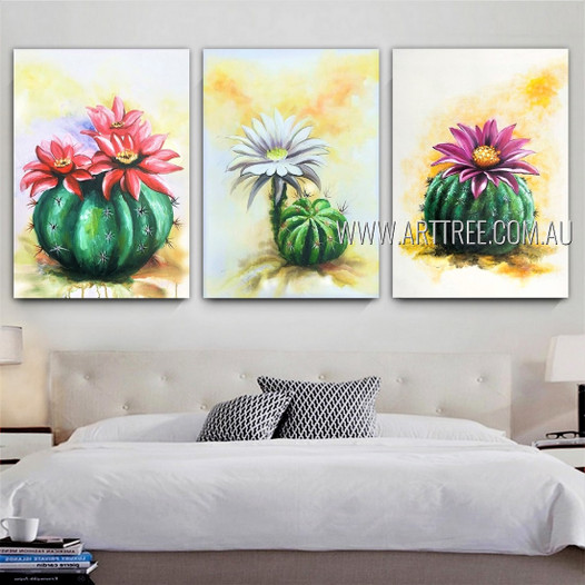 Cactus Plants Abstract Botanical Modern Heavy Texture Artist Handmade Framed Stretched 3 Piece Multi Panel Canvas Painting Wall Art Set For Room Garnish