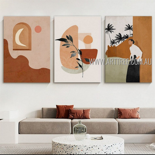 Man Standing Abstract Botanical Figure Scandinavian Heavy Texture Artist Handmade Framed Stretched 3 Piece Multi Panel Canvas Painting Wall Art Set For Room Onlay
