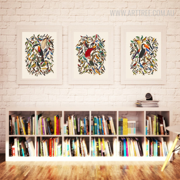 Retro Colorful Birds Fresco Canvas Wall Art