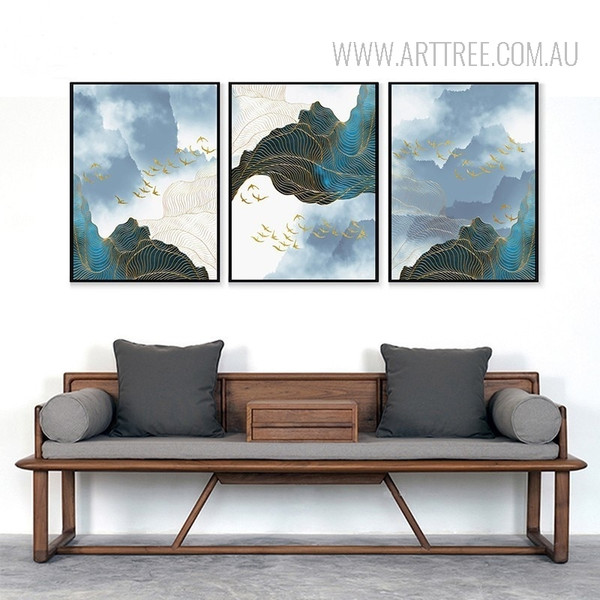 Modern Abstract Landscape Golden Birds 3 Piece Wall Decor