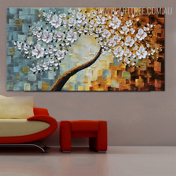 White Blossom Abstract Framed Heavy Texture Floral Palette Knife Portmanteau for Wall Hanging Decor